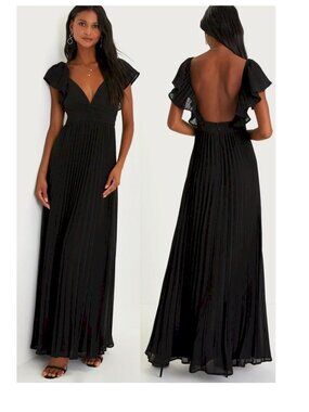 Lulus Ideal Occasion Black Pleated Flutter Sleeve Backless Maxi Dress Medium